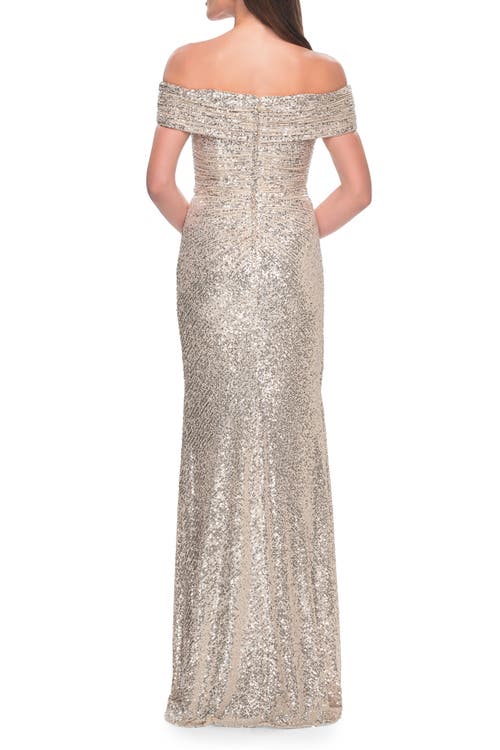 La Femme Off The Shoulder Sequin Gown With Ruching In Silver