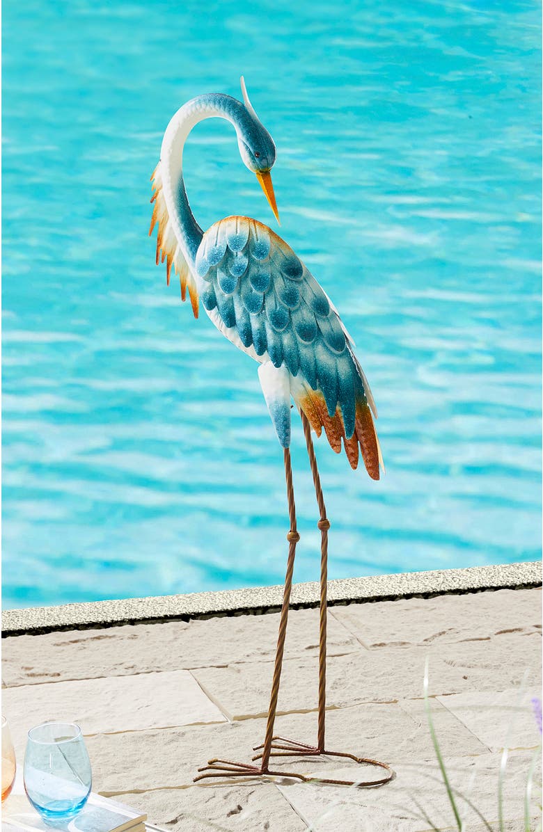 Glitzhome Metal Standing Crane Garden Statue with Stakes, Alternate, color, Blue