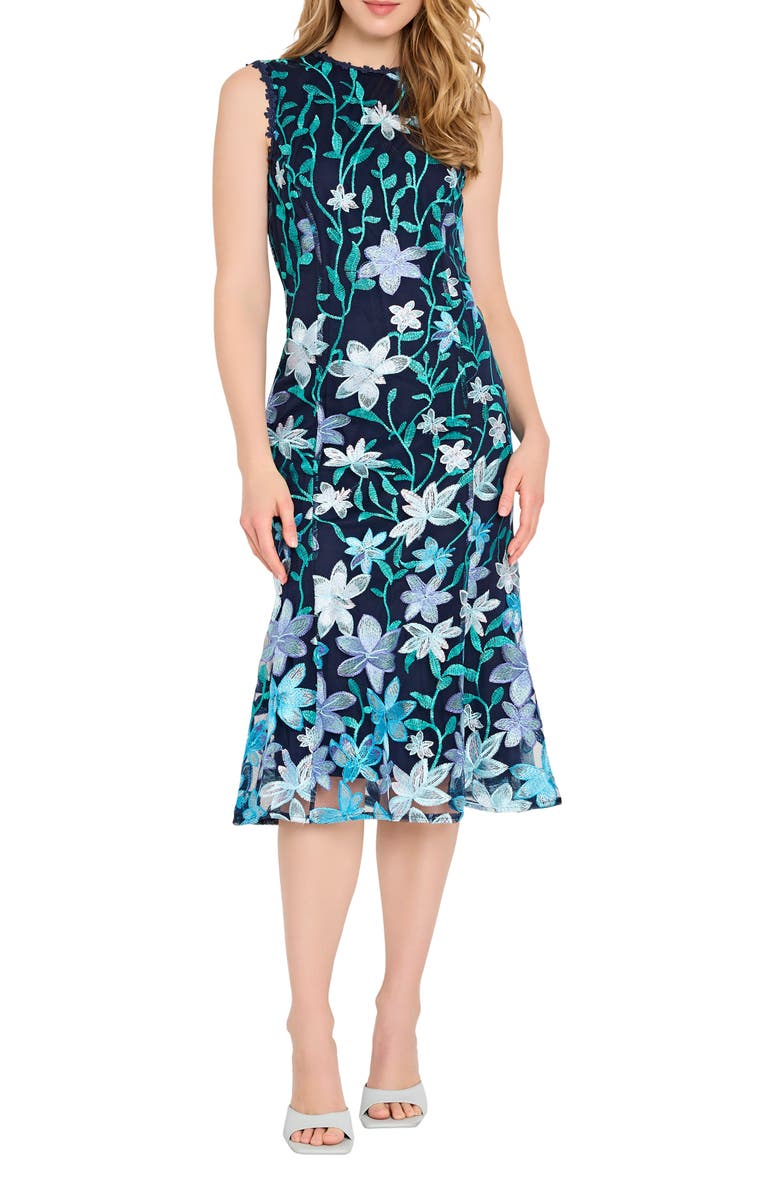 Tahari ASL Floral Embroidered Sleeveless Midi Dress, Main, color, 