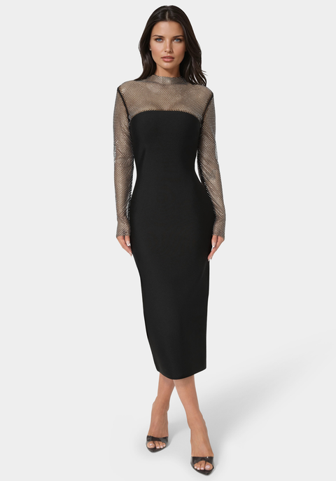Long Sleeve Midi Dress With Crystal Mesh Combo