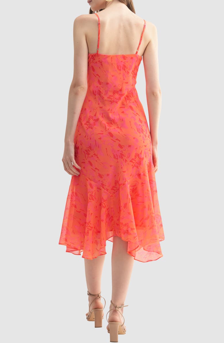 All in Favor Floral Handkerchief Asymmetric Ruffle Hem Dress, Alternate, color, Coral Pink