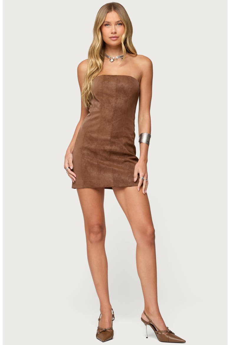 Carina Strapless Faux Suede Minidress, Alternate, color, BROWN
