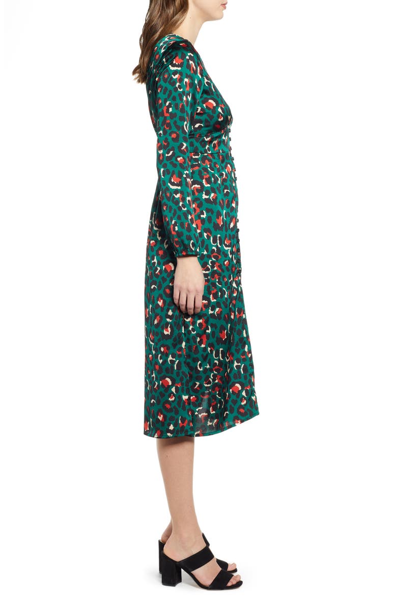 Button Front Midi Dress, Alternate, color, TEAL CYRUS BOLD ANIMAL