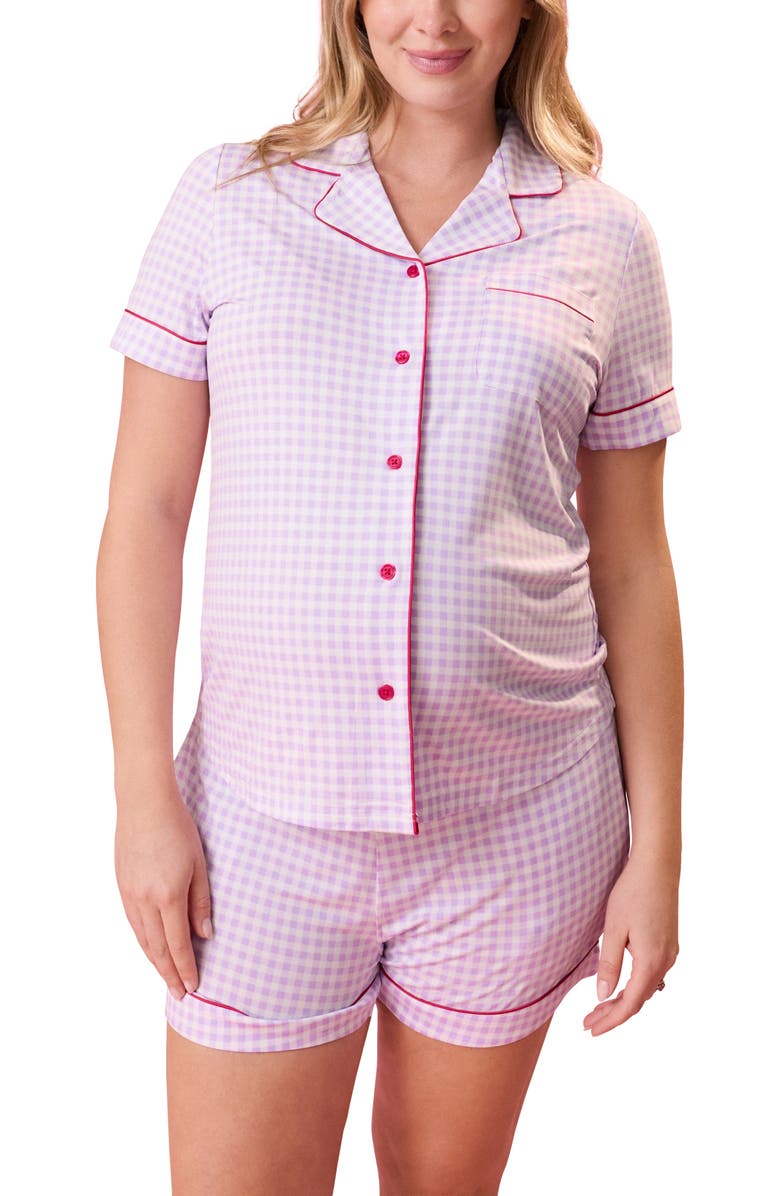 Kindred Bravely Clea Maternity & Postpartum Short Sleeve Pajama Set, Main, color, Lavender Gingham