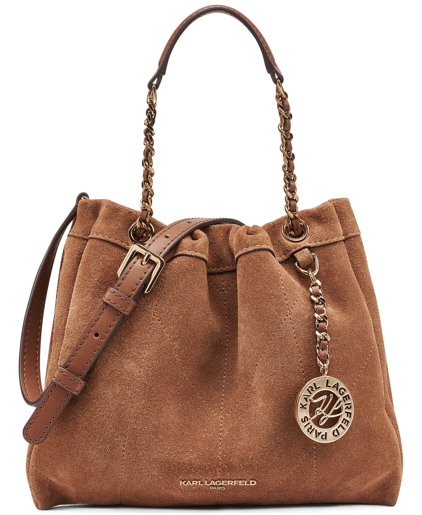 KARL LAGERFELD PARIS Amandine Suede Crossbody, Main, color, Cognac