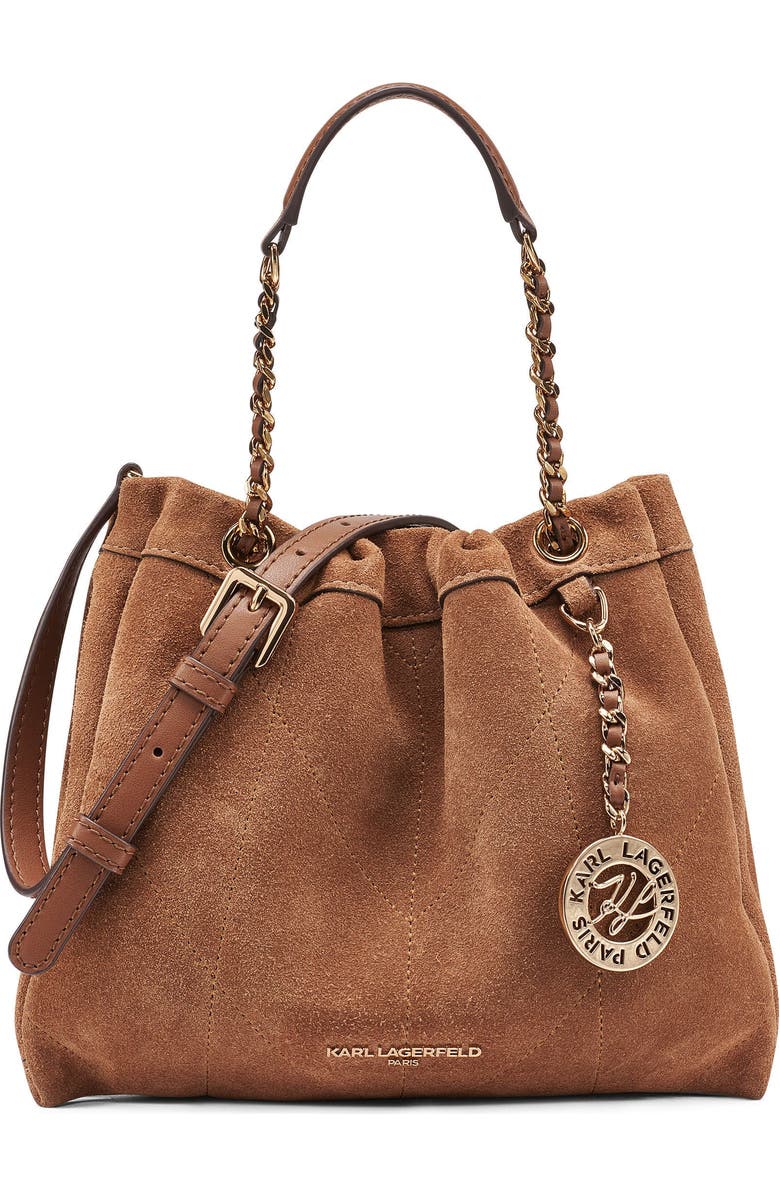 KARL LAGERFELD PARIS Amandine Suede Crossbody, Main, color, Cognac