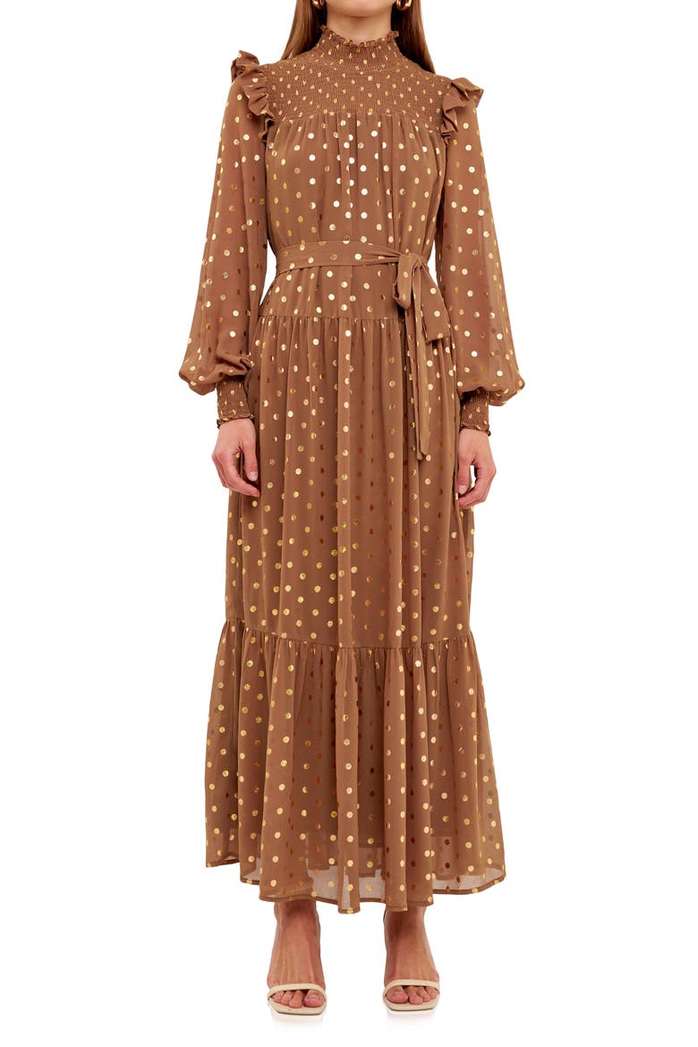 Metallic Dot Tie Waist Long Sleeve Maxi Dress, Main, color, TAN