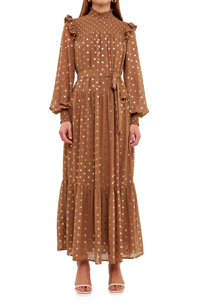 Endless Rose Metallic Dot Tie Waist Long Sleeve Maxi Dress, Main, color, Tan