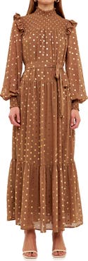 Endless Rose Metallic Dot Tie Waist Long Sleeve Maxi Dress