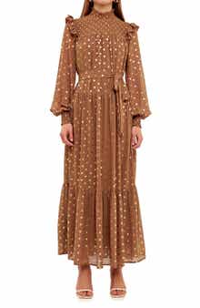 Metallic Dot Tie Waist Long Sleeve Maxi Dress