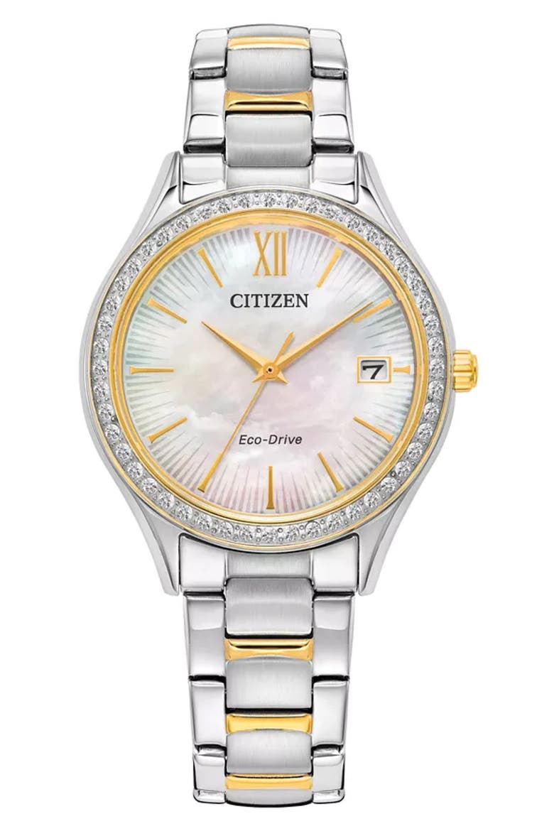 Crystal Two-Tone Eco-Drive Bracelet Watch, 34mm x 8.14mm, Main, color, TWO TONE