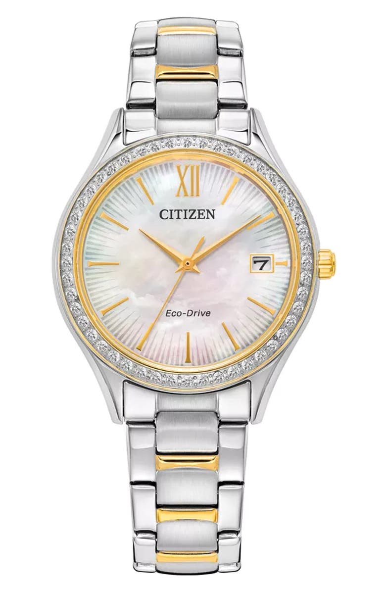Citizen Crystal Two-Tone Eco-Drive Bracelet Watch, 34mm x 8.14mm, Main, color, Two Tone