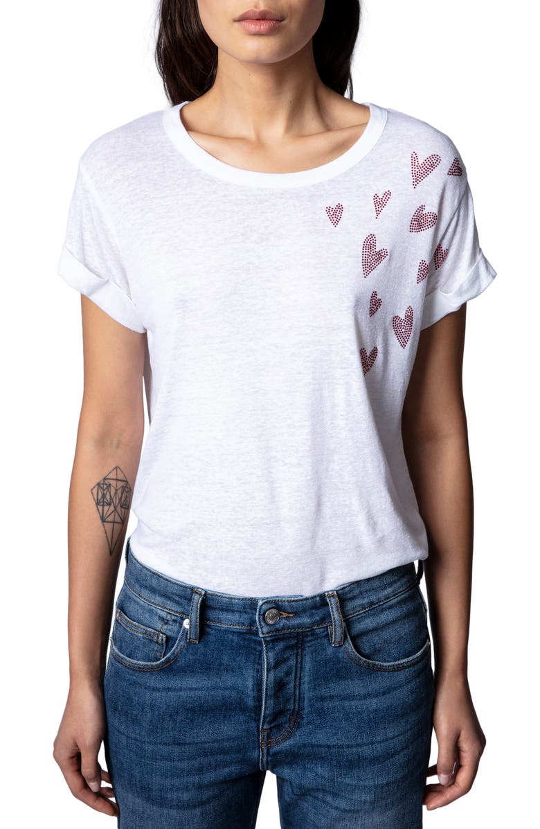 Zadig & Voltaire Anya Beaded Hearts Linen Blend T-Shirt, Main, color, 