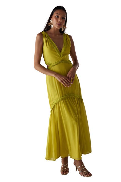 Chiffon Fringe Trim Cut Out Maxi Dress
