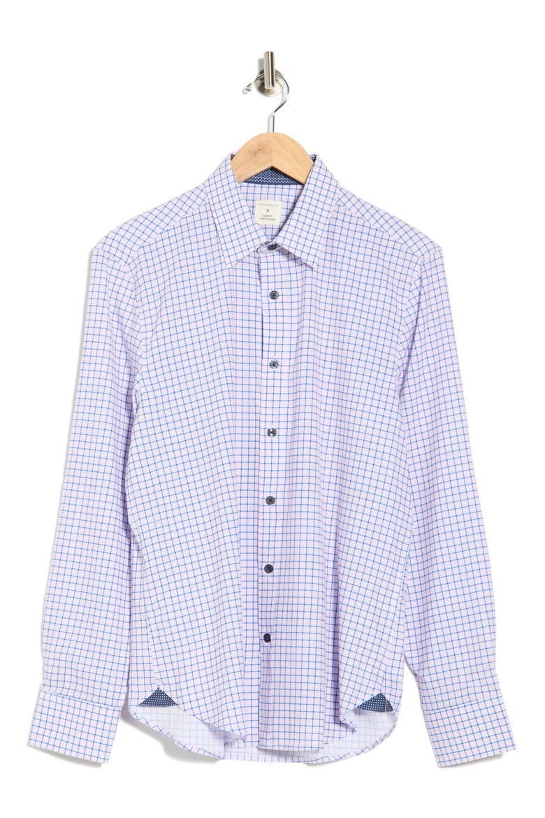 Grid Print Stretch Dress Shirt, Alternate, color, NAVY/ CORAL
