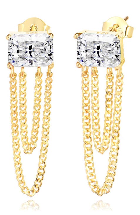 14K Gold Plated Sterling Silver CZ Chain Drop Earrings