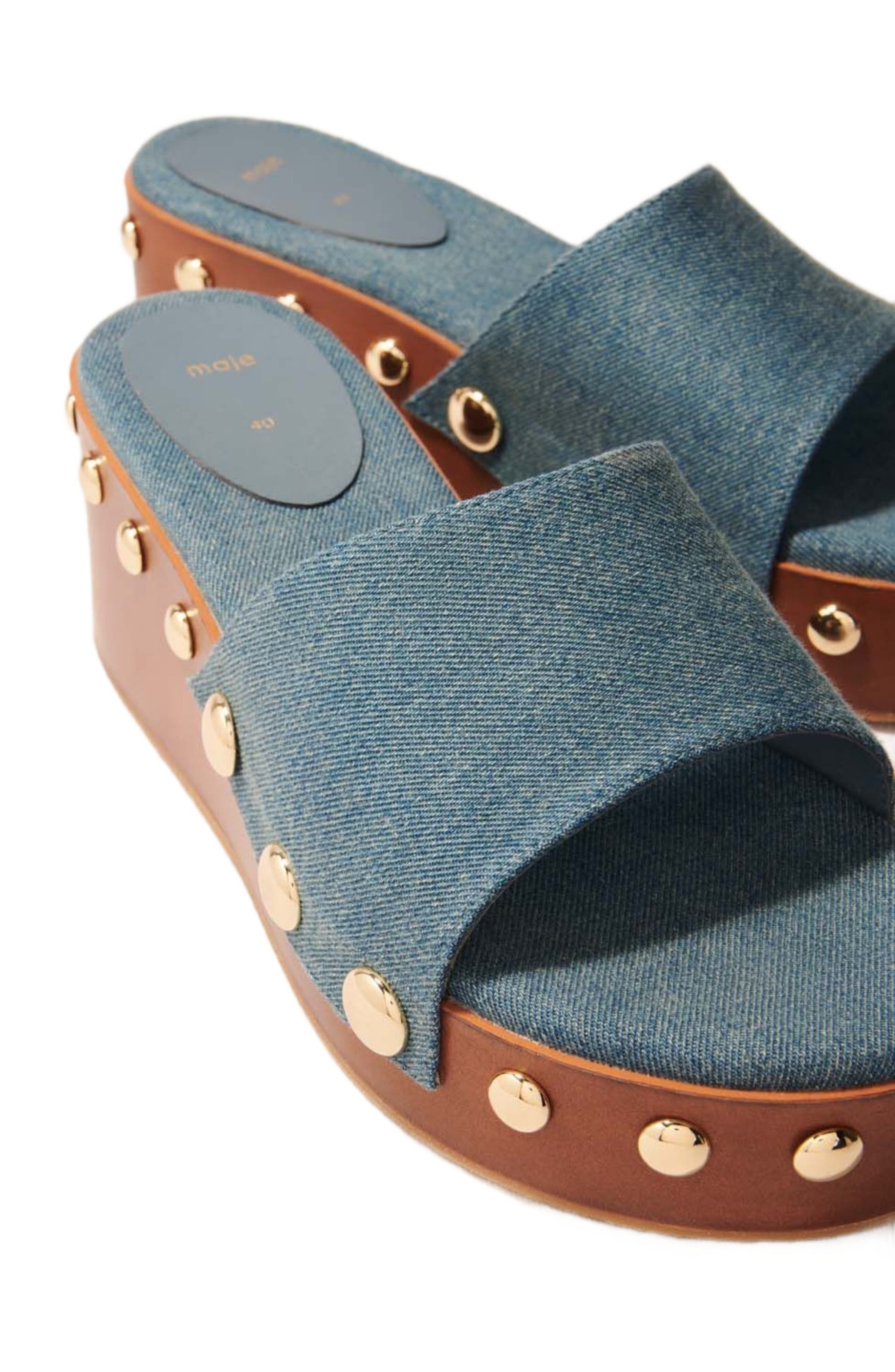 Denim studded wedge mules, Alternate, color, Blue jean