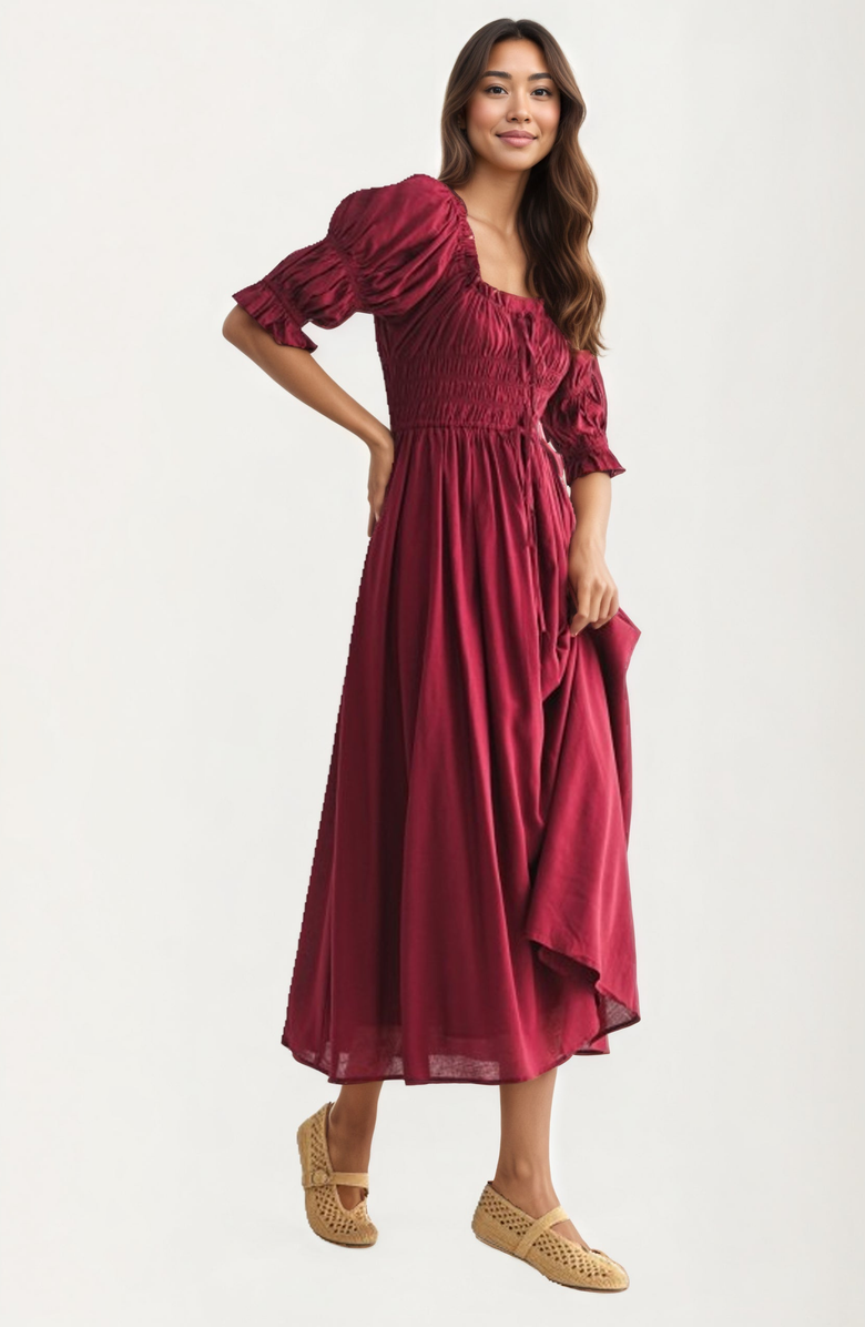 Knit and Lounge Smocked Bodice Puff Sleeve Maxi Dress, Alternate, color, 