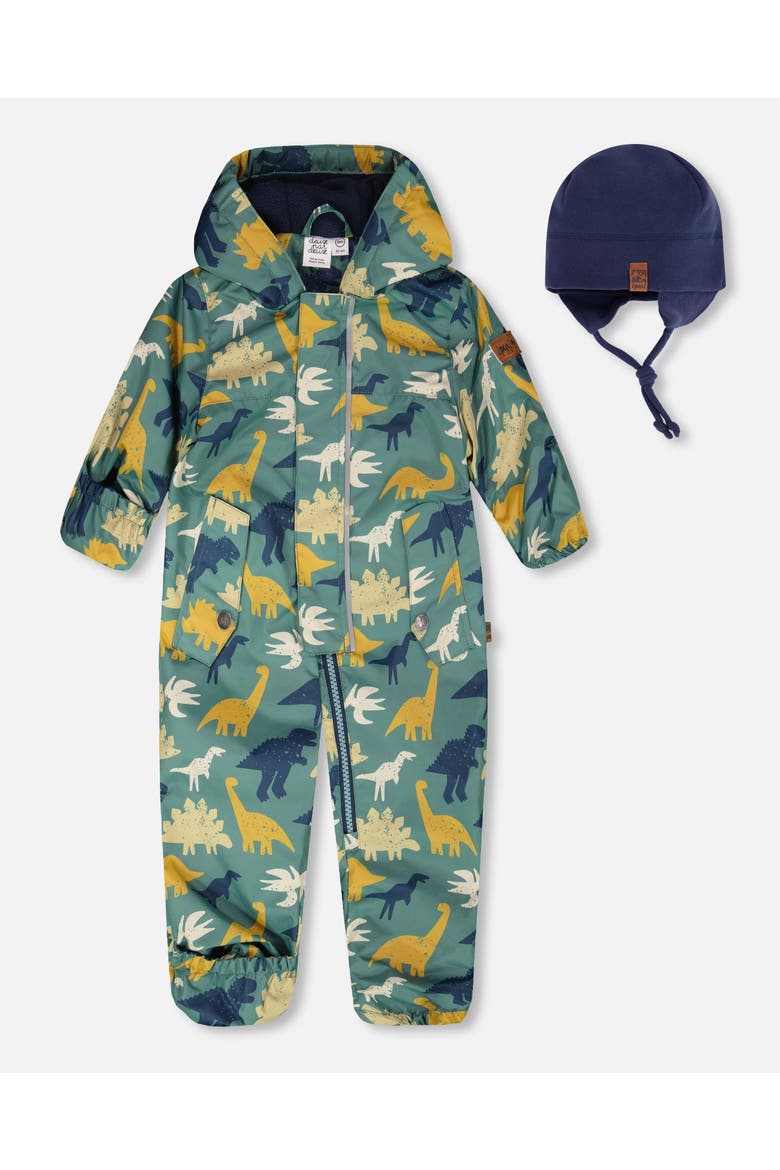 Mid-Season Printed One-Piece Outerwear with Hat, Main, color, Green Dinosaur Print
