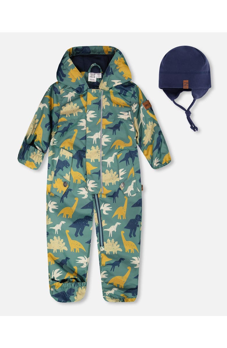 Deux par Deux Mid-Season Printed One-Piece Outerwear with Hat, Main, color, Green Dinosaur Print