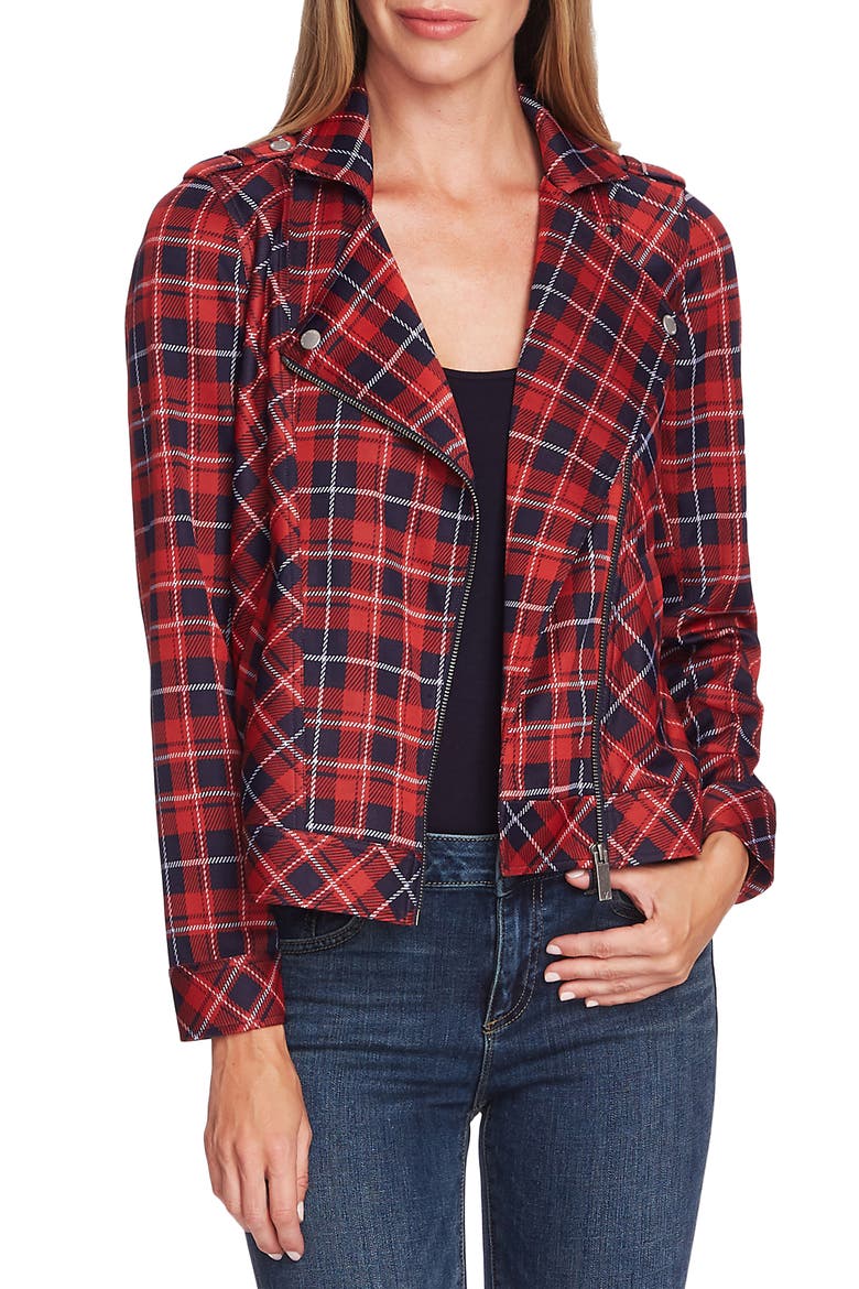 Plaid Knit Moto Jacket, Main, color, BURNT AMBER