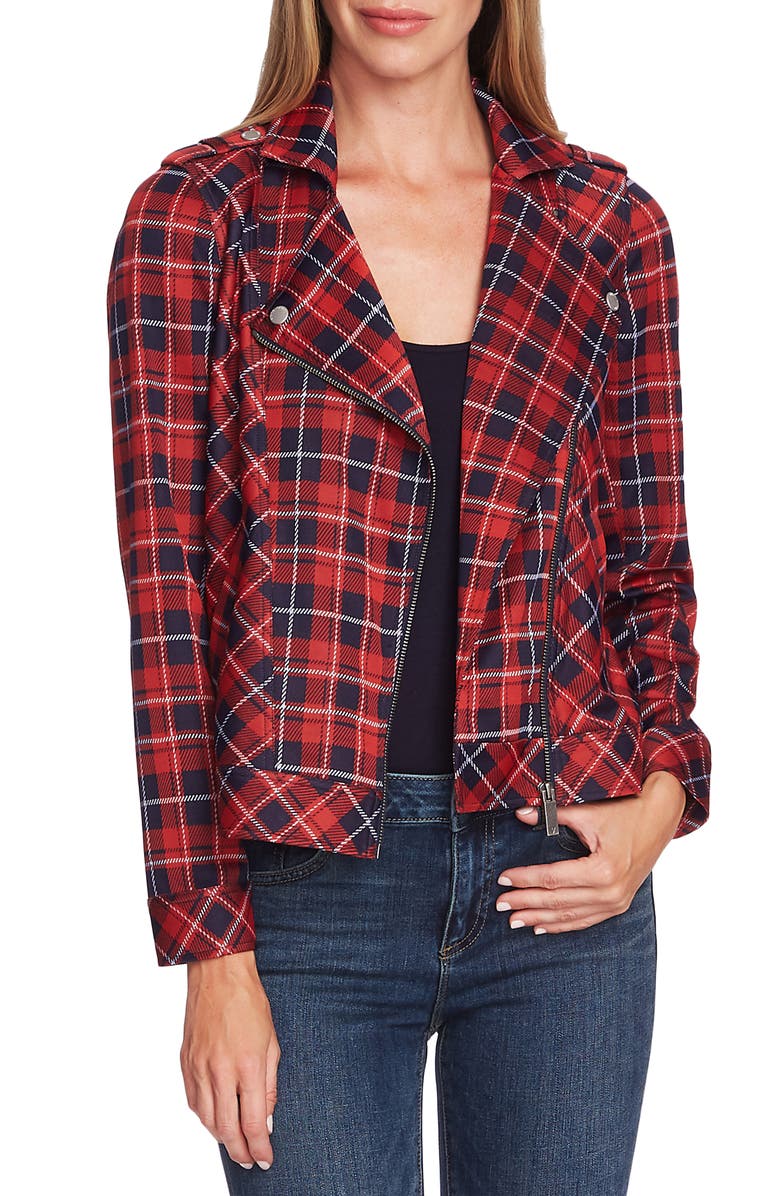 Vince Camuto Plaid Knit Moto Jacket, Main, color, 