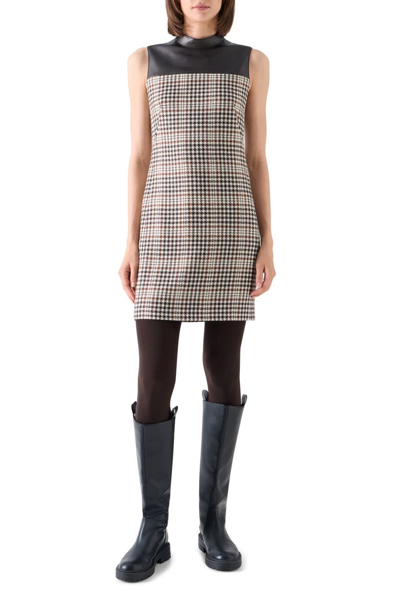 Check Tweed Wool Blend Shift Dress with Faux Leather Trim, Main, color, WINTER WHITE-ESPRESSO