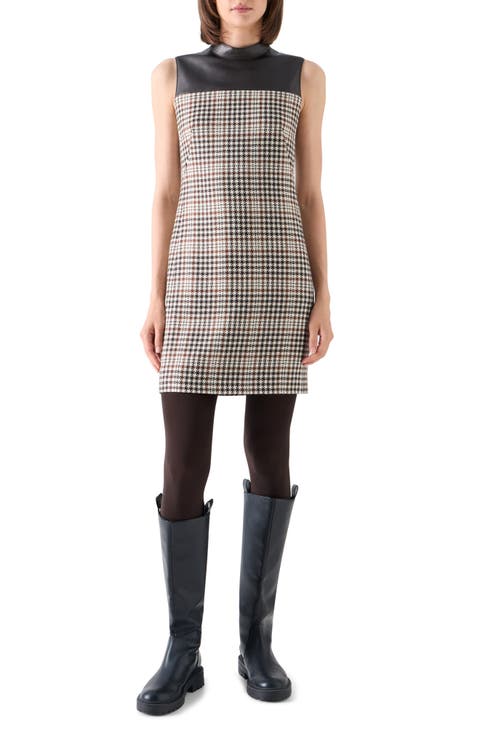 Check Tweed Wool Blend Shift Dress with Faux Leather Trim