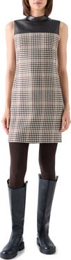 Akris punto Check Tweed Wool Blend Shift Dress with Faux Leather Trim