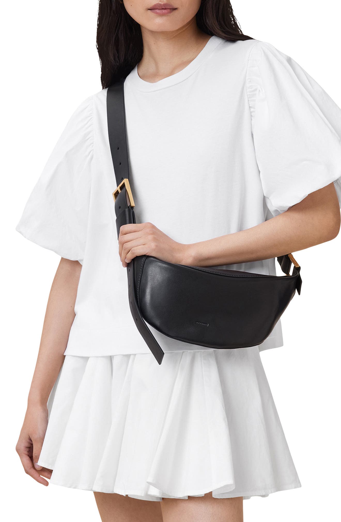 AllSaints Luna Leather Crossbody Bag, Alternate, color, Black