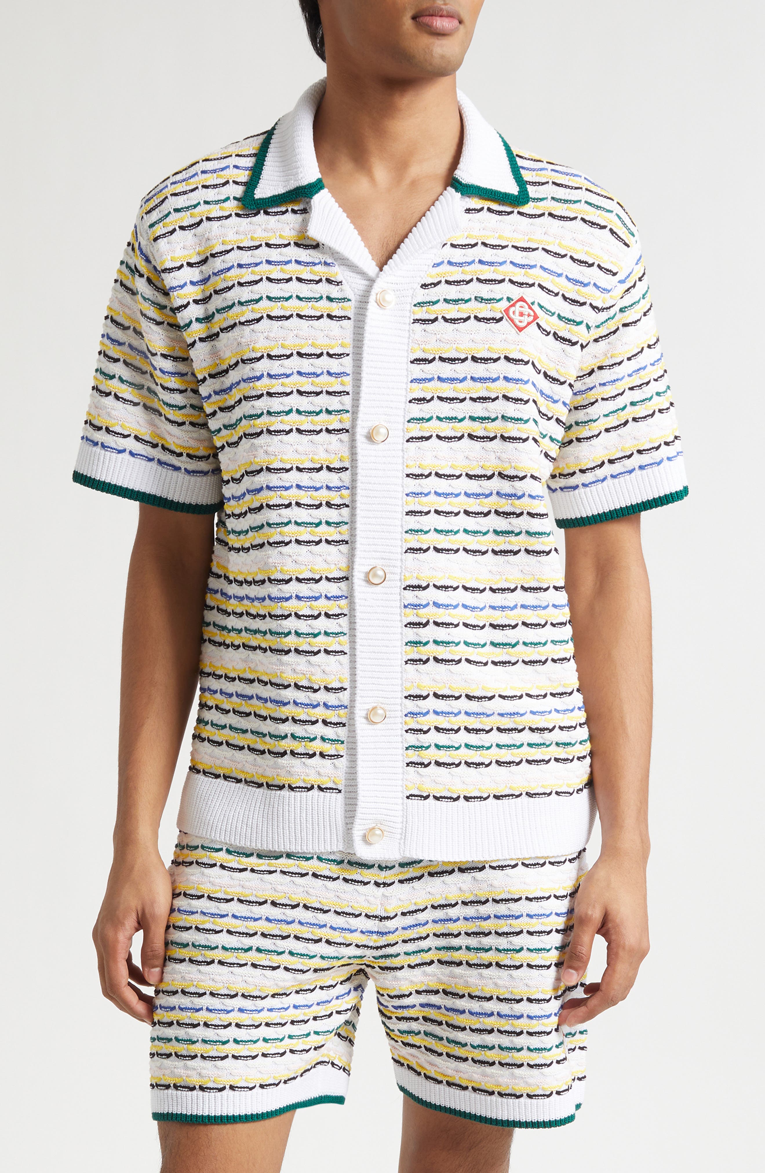 Cotton Tuck Stitch Button-Up Sweater