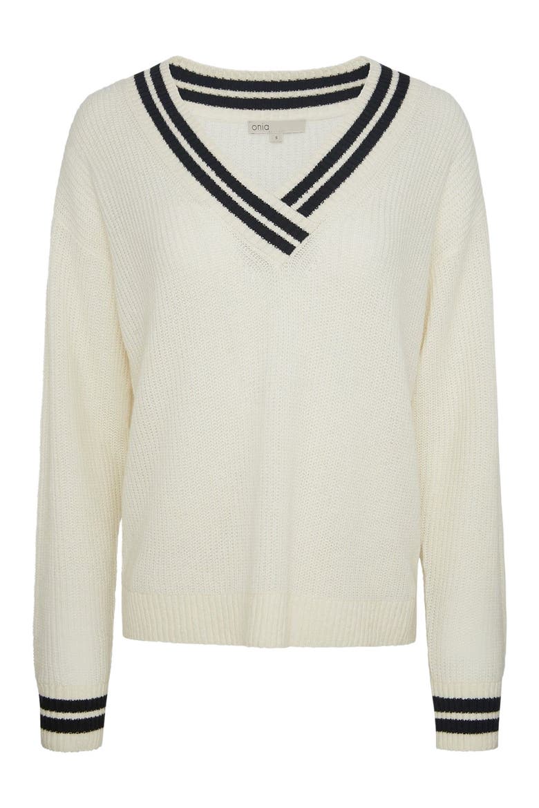 Deep V-neck Varsity Pullover Sweater, Alternate, color, OFF WHITE/BLACK