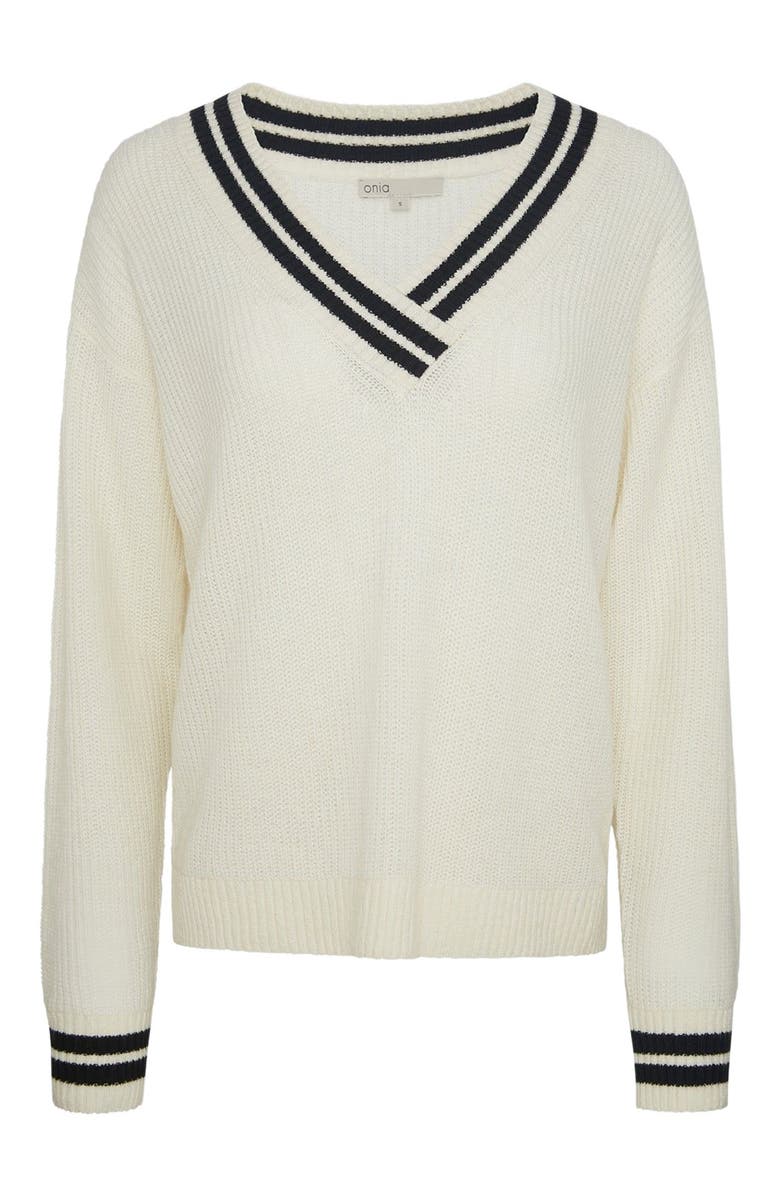 Onia Deep V-neck Varsity Pullover Sweater, Alternate, color, Off White/Black