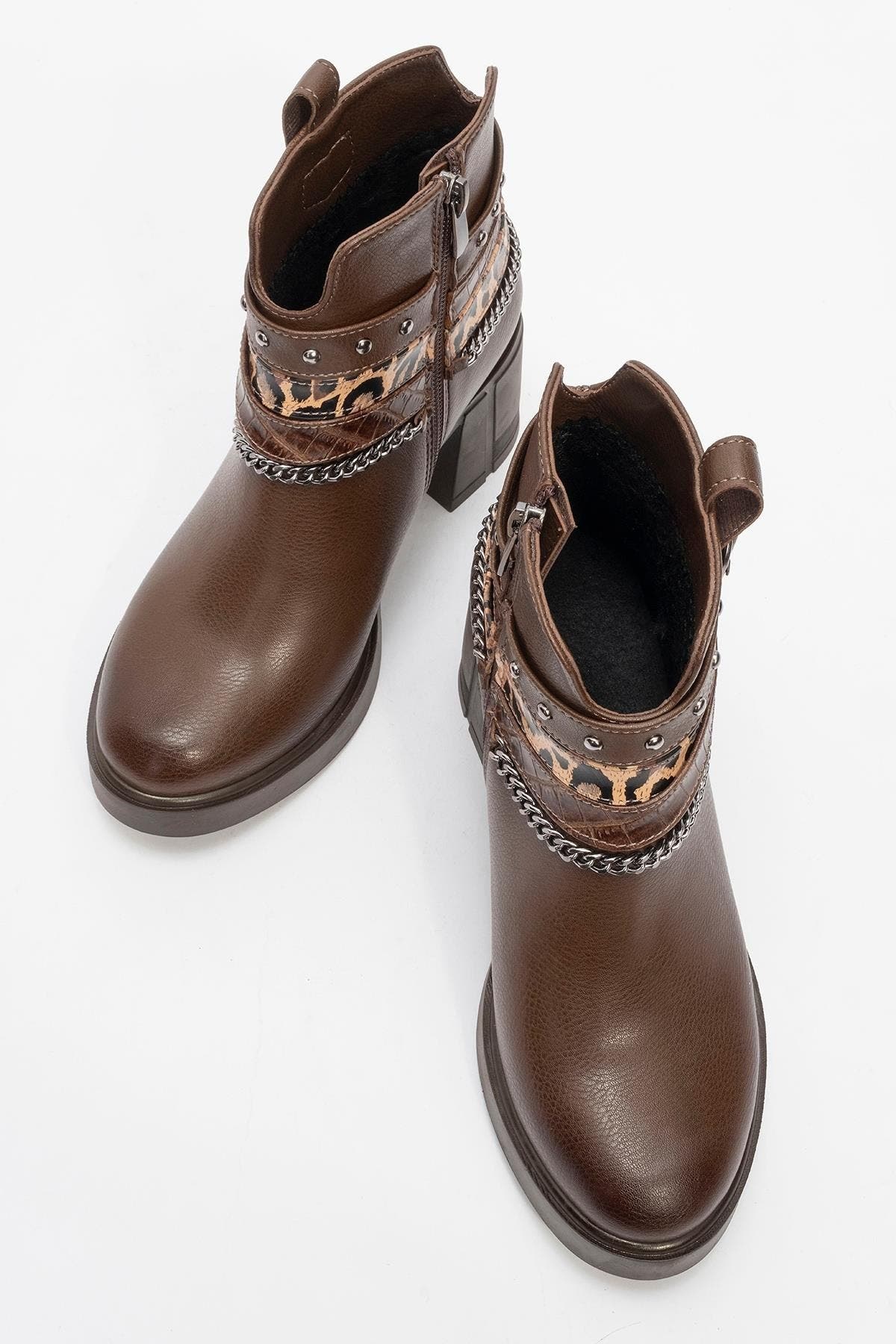 Boliva Buckled Chain Block Heel Boot, Alternate, color, Brown Faux Leather