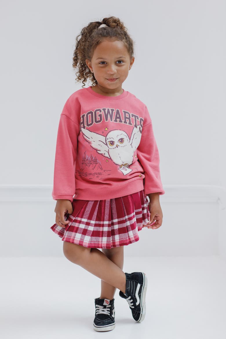 Hedwig Fleece Sweatshirt and Plaid Pleated Skirt Set, Alternate, color, Hedwig Pink Maroon