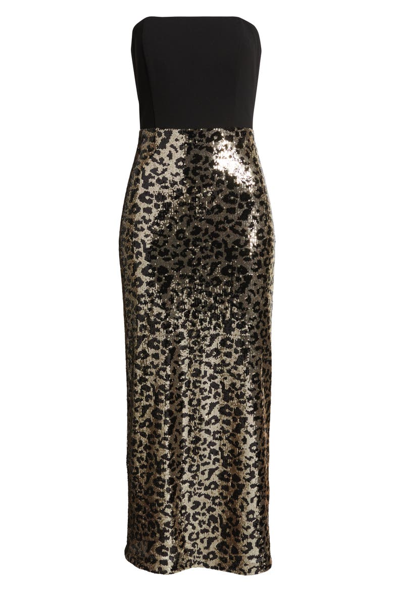 Mixed Media Strapless Leopard Sequin Gown, Alternate, color, BLACK GOLD