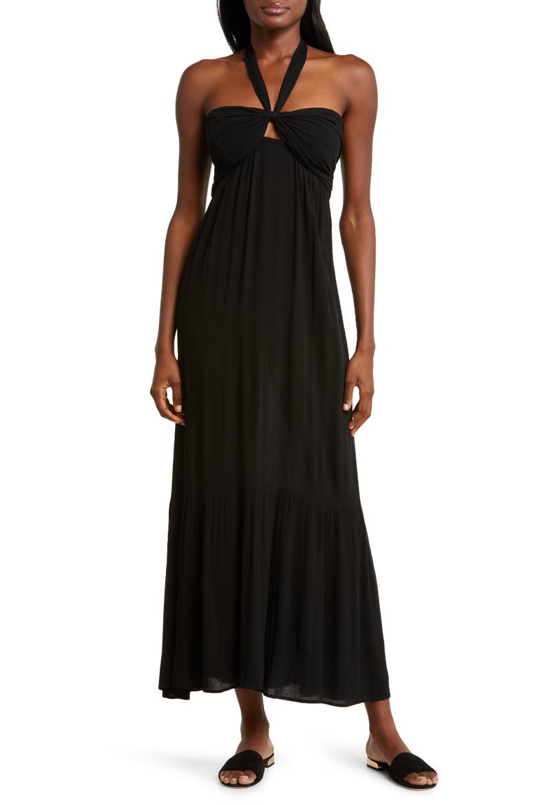 Tiered Halter Maxi Cover-Up Dress, Main, color, BLACK