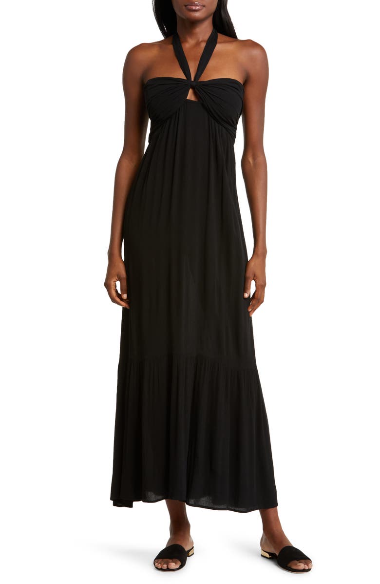 Elan Tiered Halter Maxi Cover-Up Dress, Main, color, Black