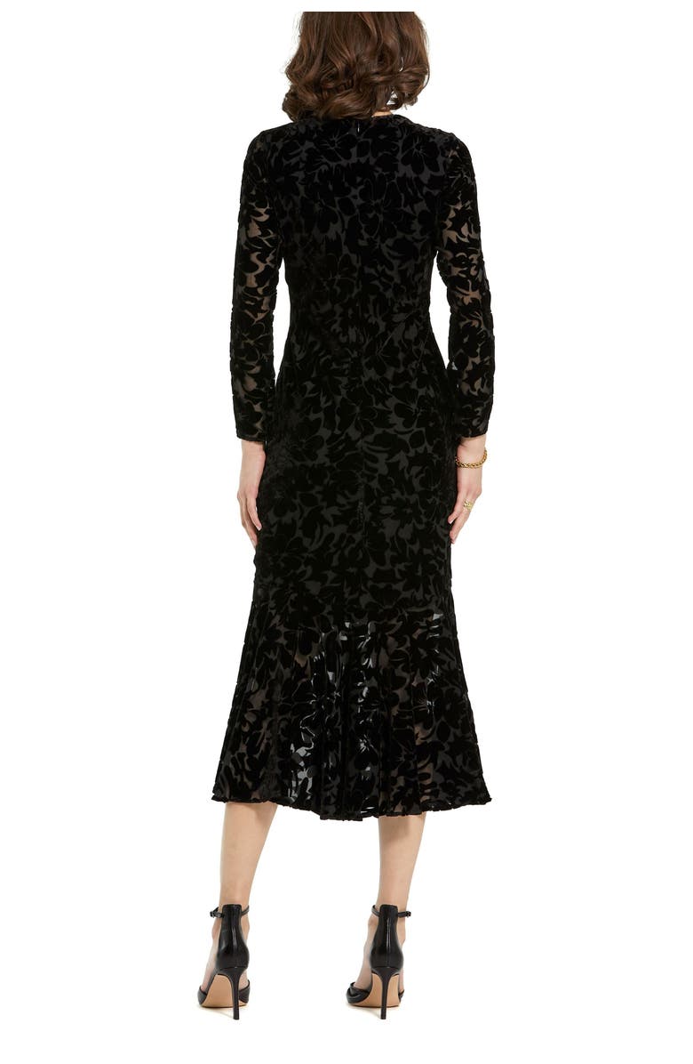 Mac Duggal Burnout Velvet Long Sleeve Ruffle Hem Midi Dress, Alternate, color, Black