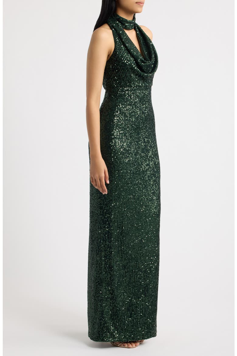 Sequin Choker Cowl Neck Gown, Alternate, color, EMERALD