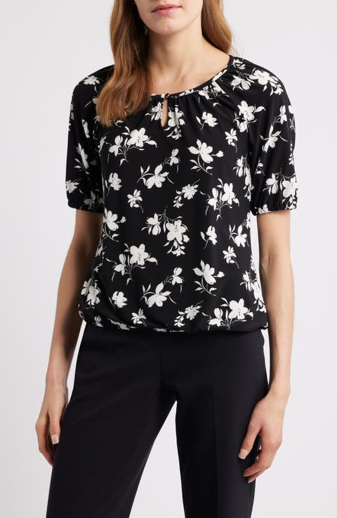 Keyhole Print Peasant Top