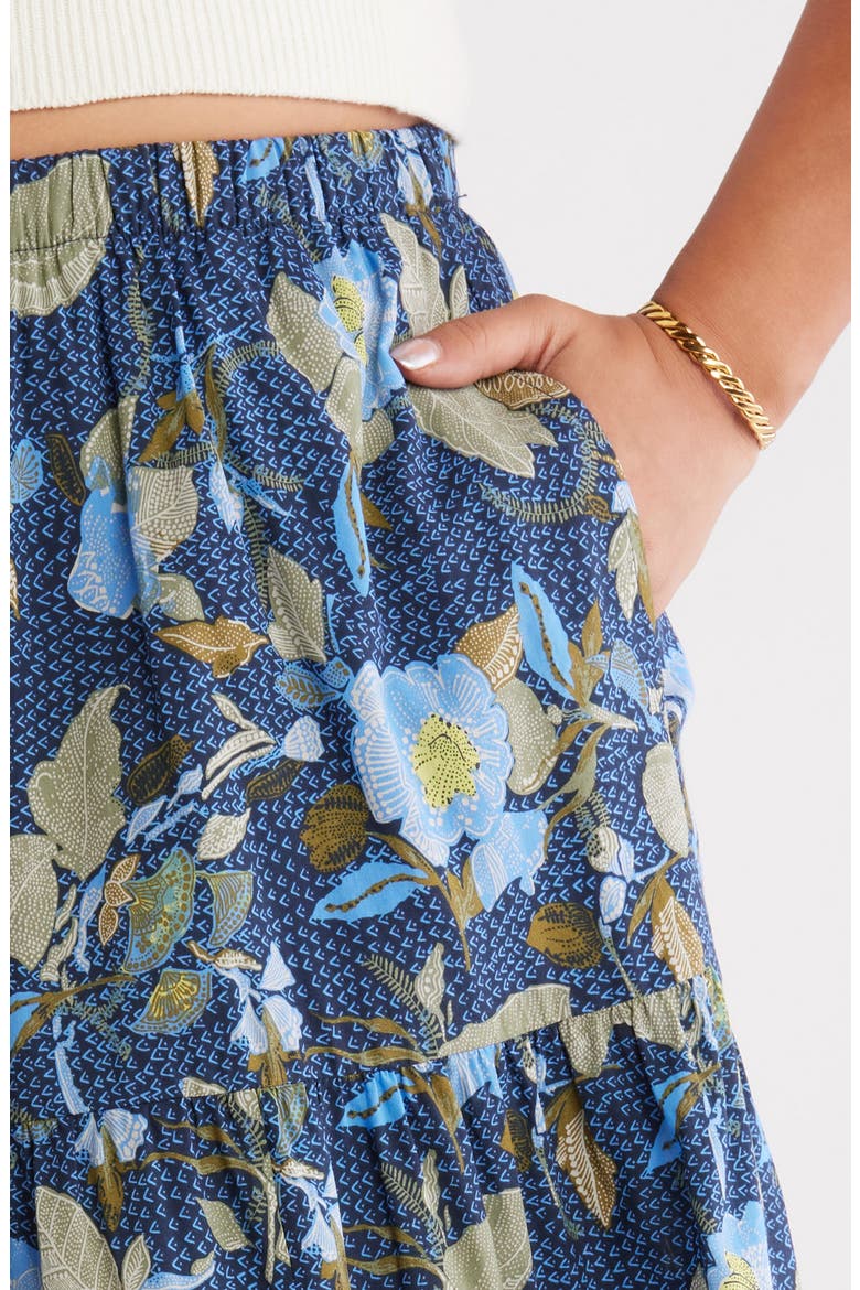Print Tiered Maxi Skirt, Alternate, color, NAVY- OLIVE JACOBEAN BORDER