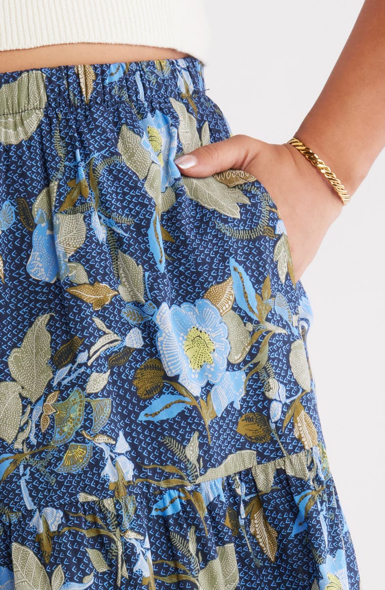 Treasure & Bond Print Tiered Maxi Skirt, Alternate, color, Navy- Olive Jacobean Border