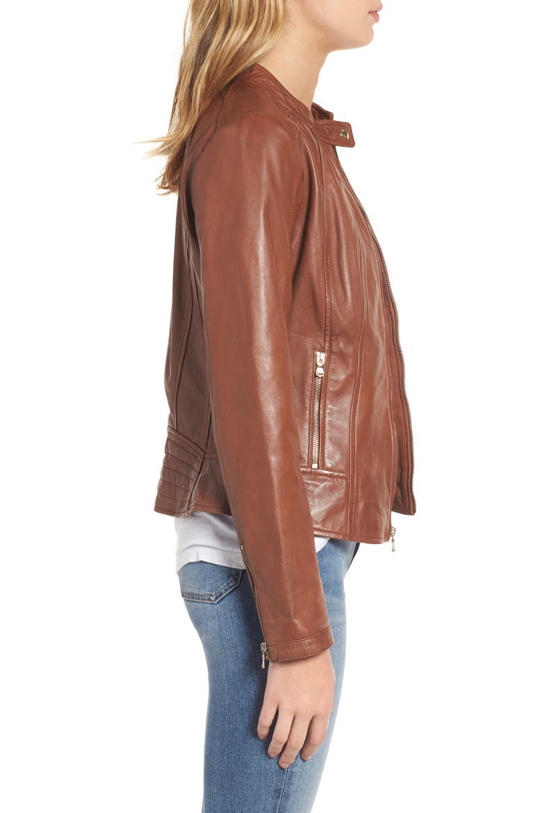 Collarless Leather Moto Jacket, Alternate, color, COGNAC