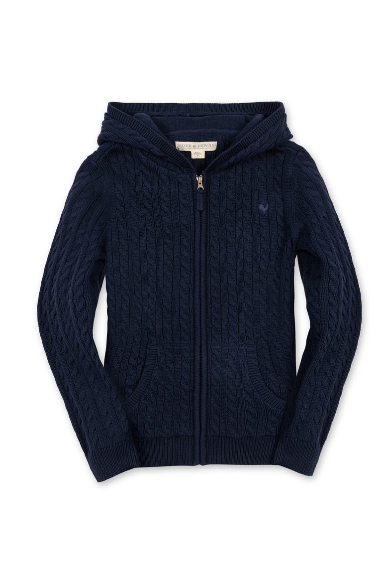 Kids' Organic Full Zip Hooded Sweater with Elbow Patches, Main, color, Navy Cable