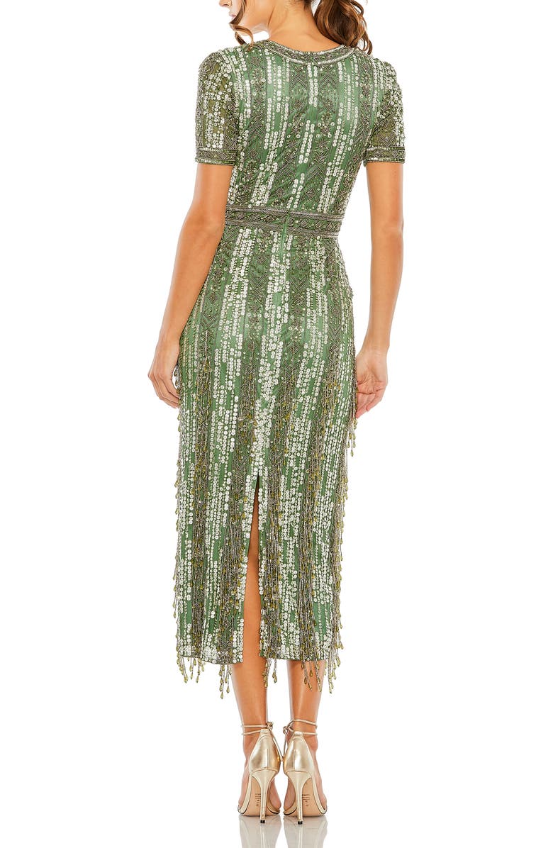 Mac Duggal Women's High Neck Short Sleeve Crystal Fringe Column Dress, Alternate, color, Sage