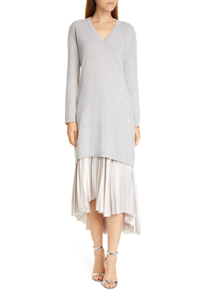Long Sleeve Cashmere Sweater & Satin Two-Piece Dress, Main, color, GREY/ TAUPE