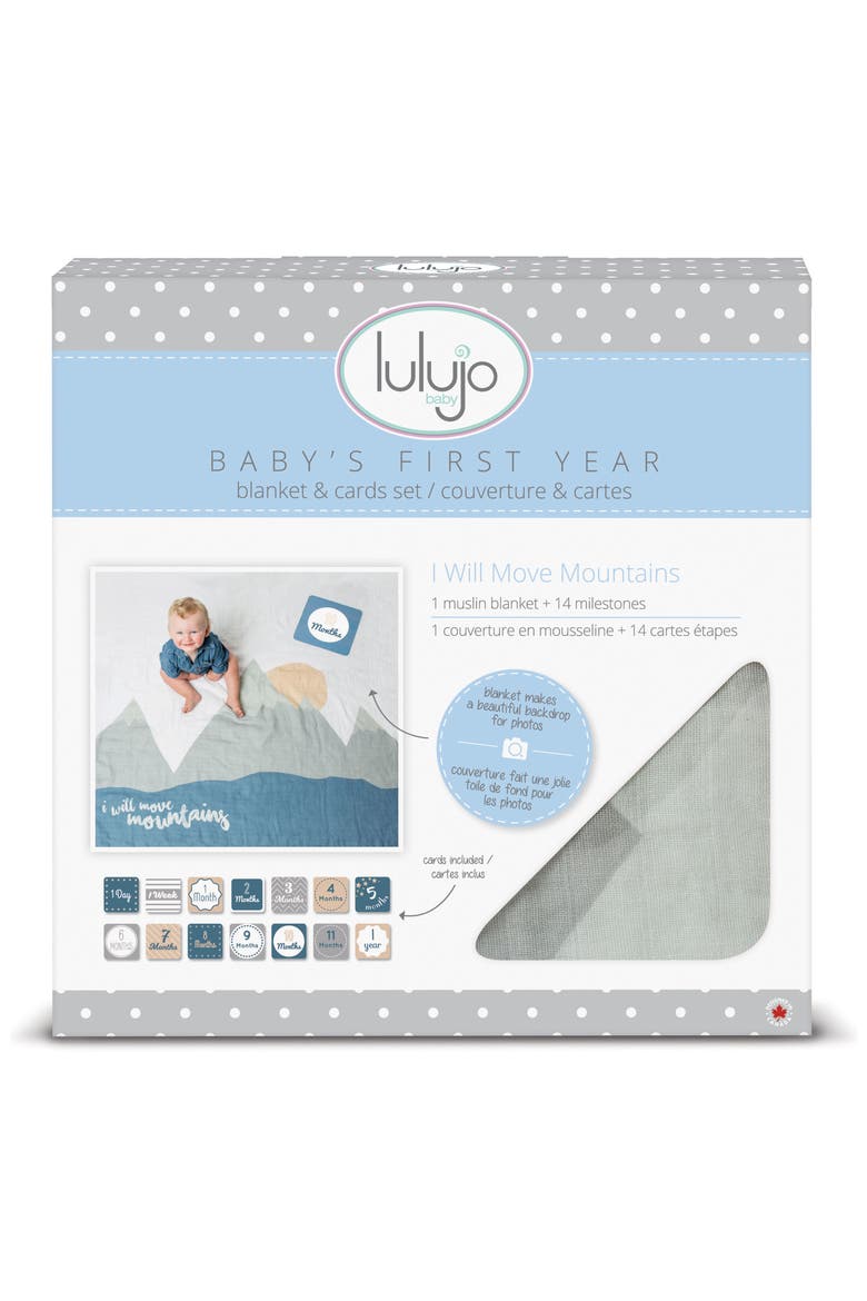 Baby's First Year - I Will Move Mountains Muslin Blanket & Milestone Card Set, Alternate, color, BLUE