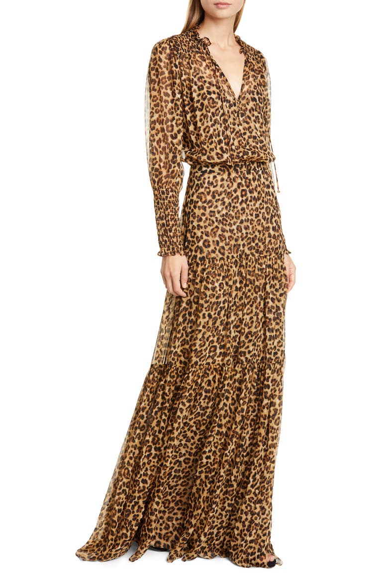 Stacia Long Sleeve Blouson Silk Gown, Main, color, LEOPARD