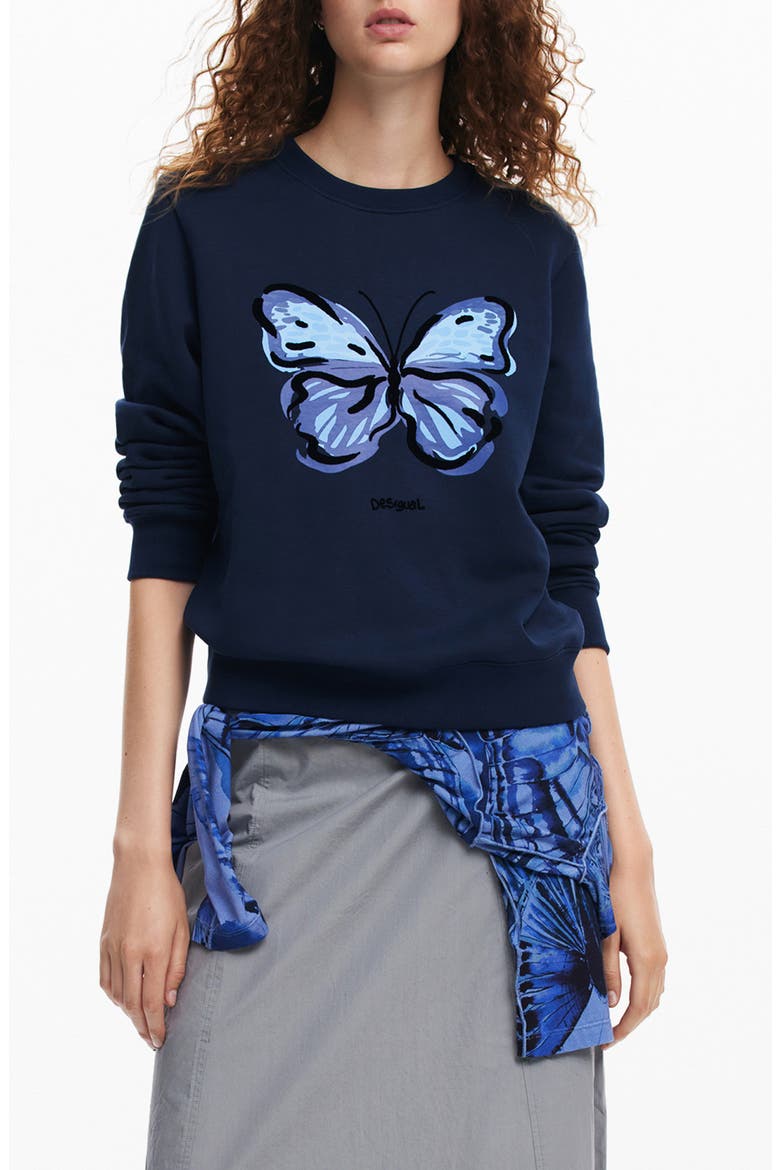 Butterfly Crewneck Cotton Sweatshirt, Main, color, BLUE